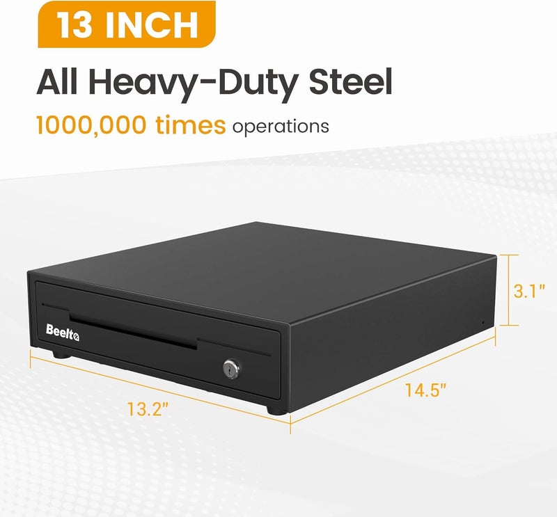 Beelta 13" Cash Rigister Drawer for Small Business, 4 Bill/5 Coin with Check Slot, Steel Construction, Works with POS (Includes Keys & RJ11/12Cable) - BK1313E - Image 3